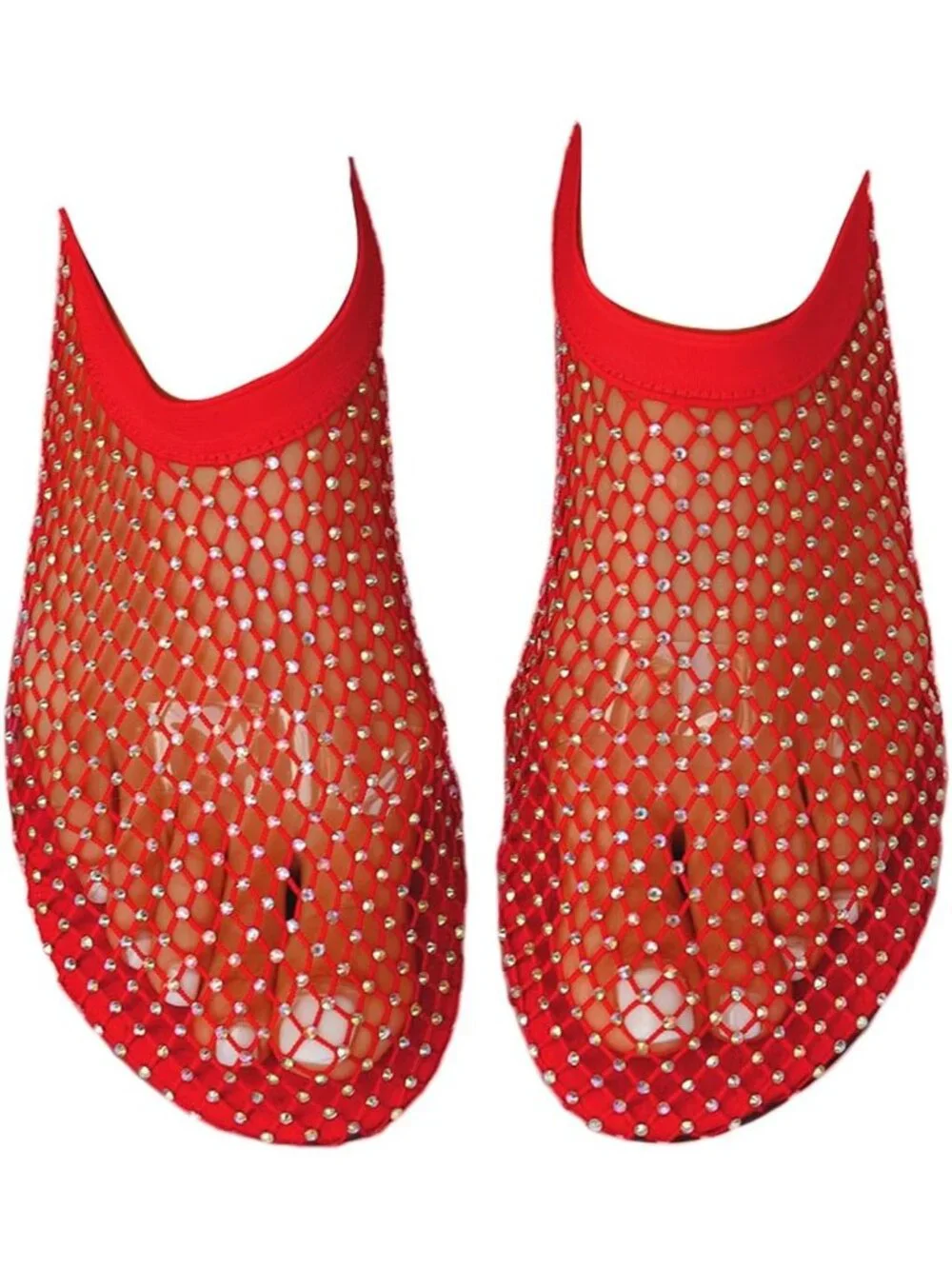 Women's Red Mesh Comfortable Fishnet Low Heel Slip on Rhinestone Flats Shoes